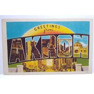 Greetings From Akron Ohio Large Big Letter City Postcard Linen Dexter Press